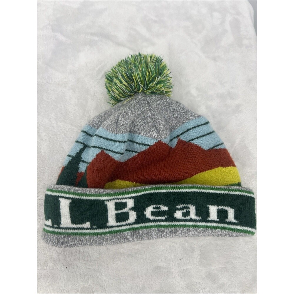 LL Bean Katahdin Pom Graphic Beanie Unisex OSFA Knit Winter Hat Cuffed
